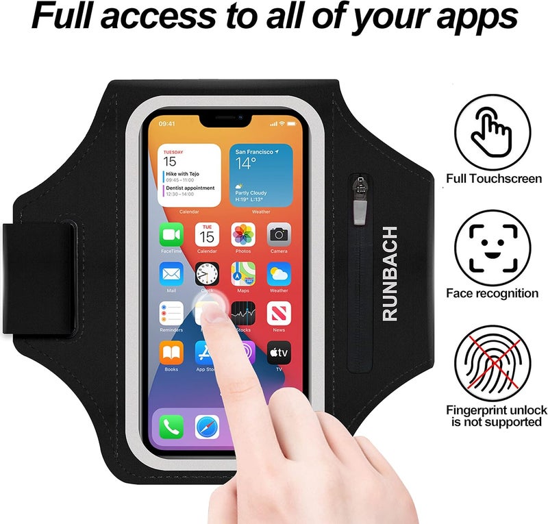 RUNBACH Armband for iPhone 17/17 Pro/16/16 Pro/15/15 Pro/14/14 Pro/13/13 Pro/13 Mini/12/12 Pro/12 Mini/11/11 Pro/XR/XS/X/SE,Water Resistant Armband with Zipper Slot for Airpods and Car Key (Black) - Image 2